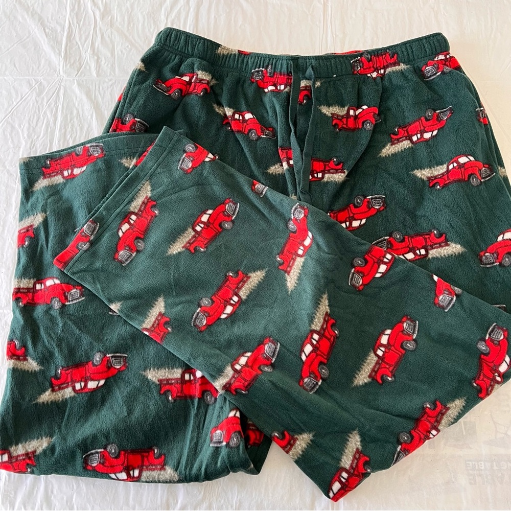 Green Pajama Pants with Classic Red Truck hauling a fir tree. Large.